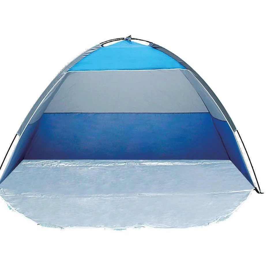 Blue pop-up beach shelter with a white floor sheet