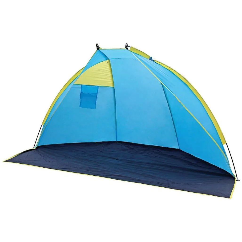 Blue pop-up beach shelter with a yellow accent panel
