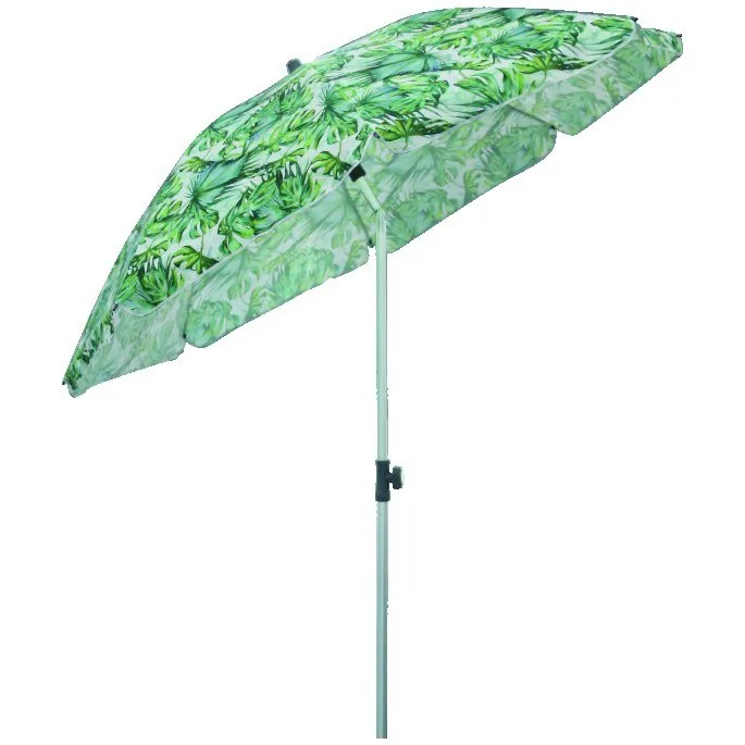 Green and blue printed beach umbrella with pole