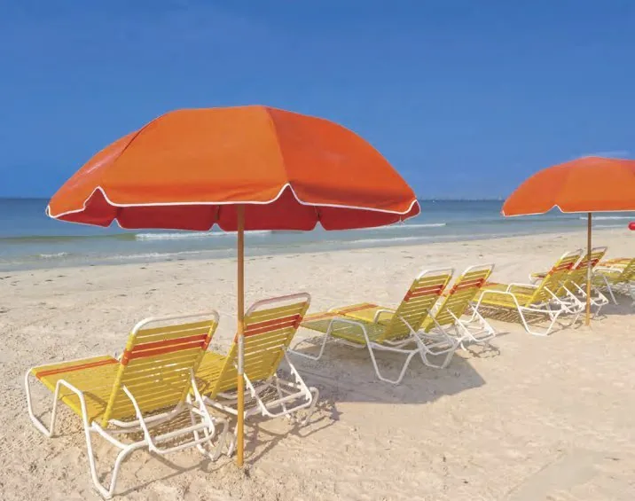 Beach umbrellas and loungers arranged on sand