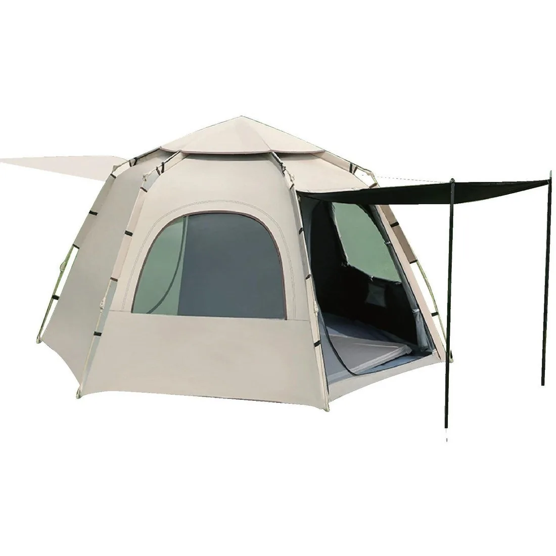 Beige cabin tent with awning and guy lines