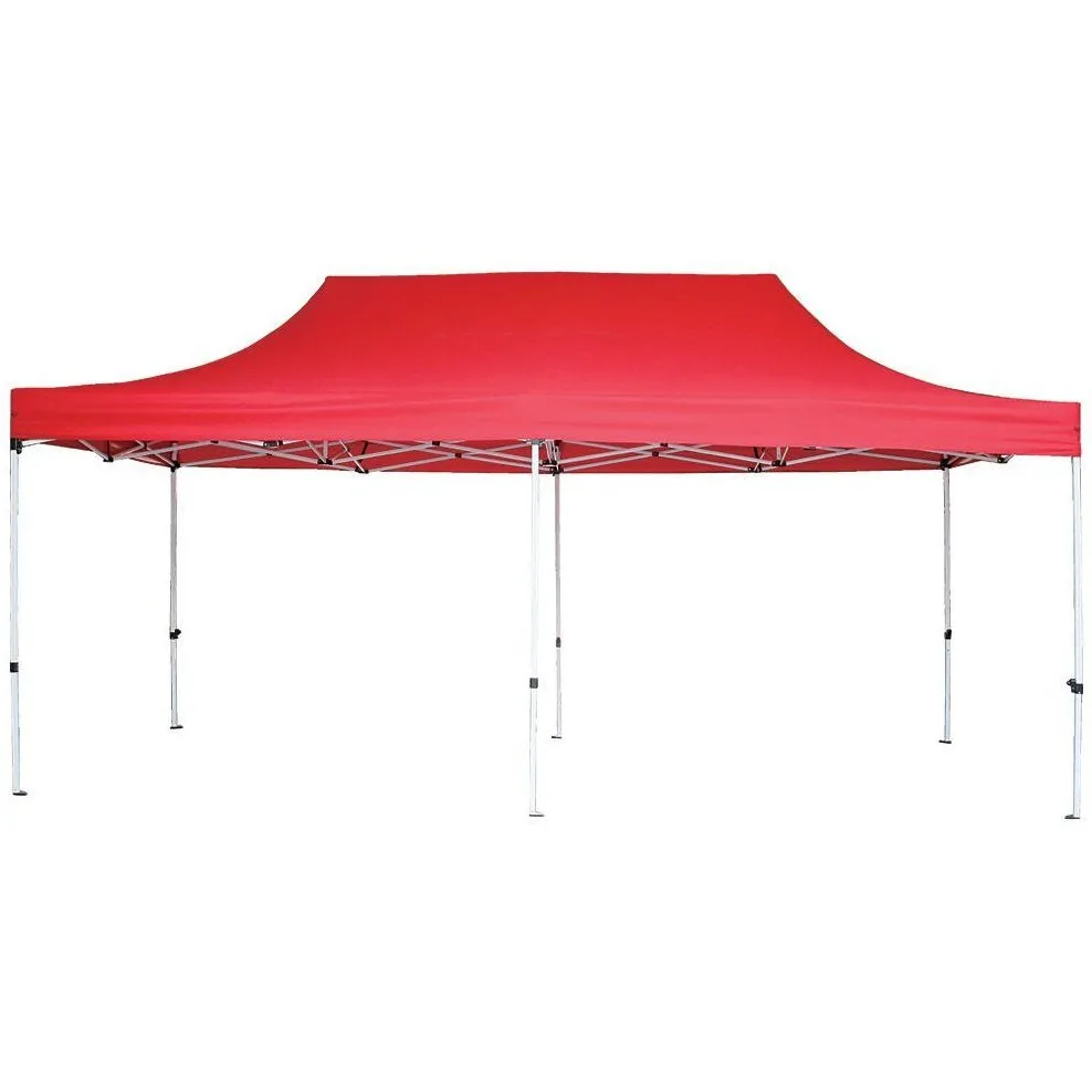 Red-top pop-up gazebo seen from a wider angle