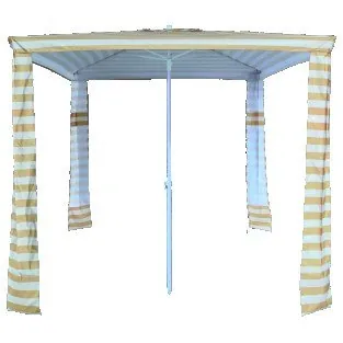 Beige and blue striped garden gazebo with curtain panels