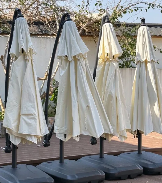 Several closed long-handled umbrellas standing outdoors