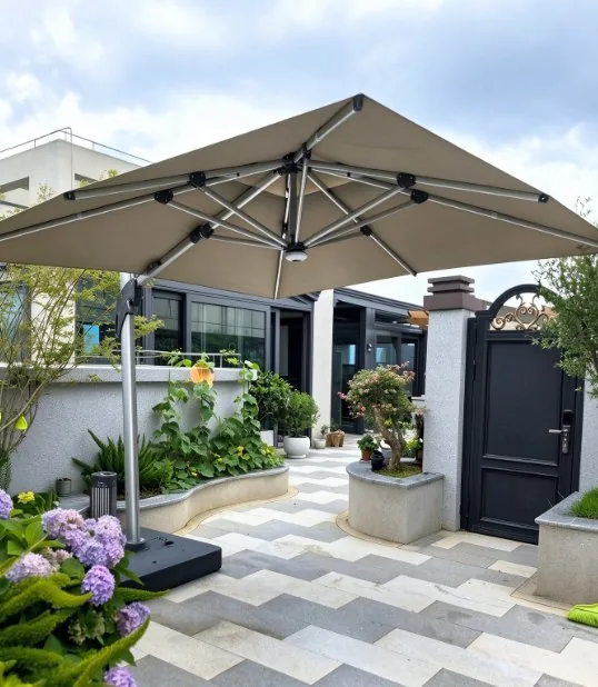 Cantilever umbrella in a landscaped courtyard