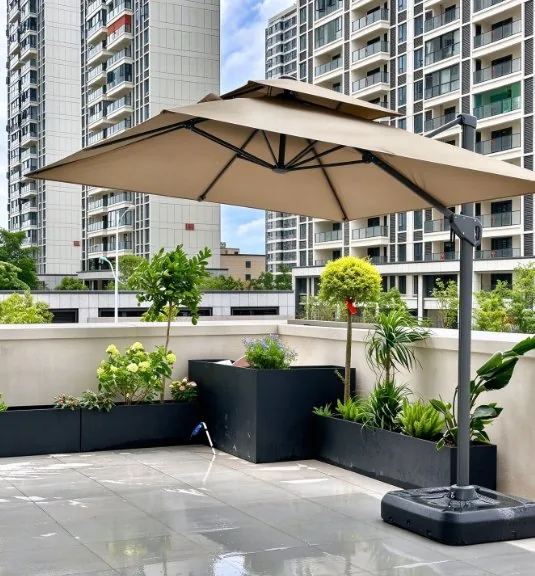 Cantilever umbrella on a rooftop terrace garden