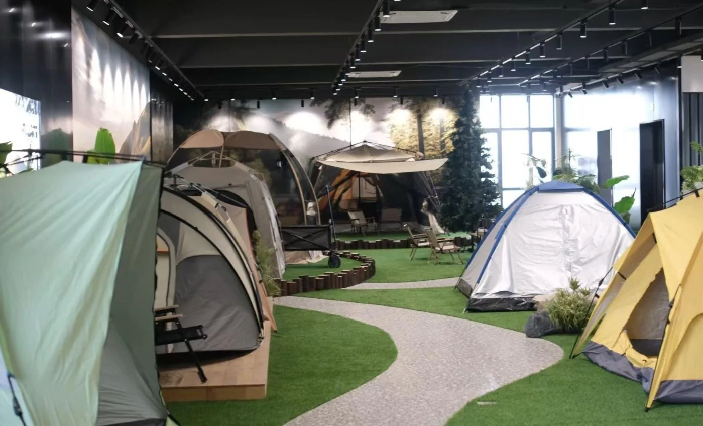 Showroom display of tents and shades used for buyer visits and selection